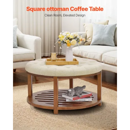 VEVOR Large Round Ottoman Coffee Table, 81 cm Tufted Coffee Table with Solid Wood Shelf Storage, Linen Solid Upholstered Footres