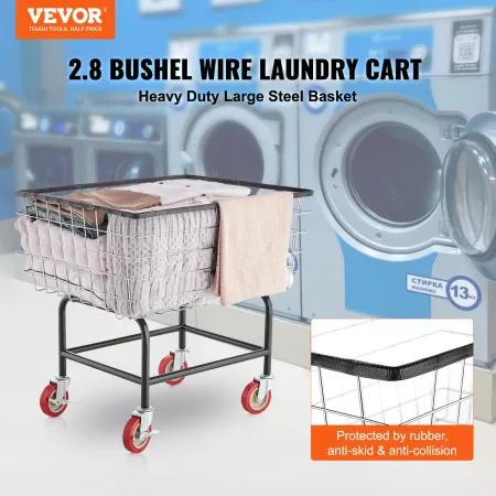 Wire Laundry Cart, 2.8Bushel Wire Laundry Basket with Wheels, 26.7''x21.7''x26.4'' Commercial Wire Laundry Basket Cart, Steel Fr
