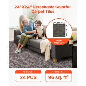 VEVOR Carpet Tiles Reusable 610x610 mm, 24 PCS Modular Carpet Square Rug, Commercial Floor Soft Padded for Seamless Cover 8.9㎡,