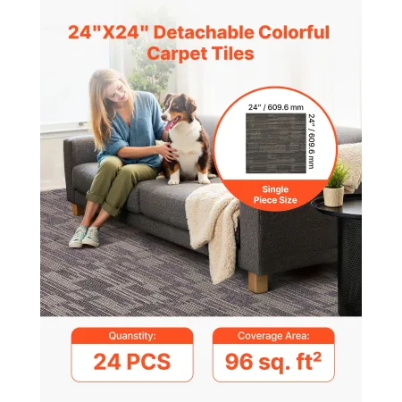 VEVOR Carpet Tiles Reusable 610x610 mm, 24 PCS Modular Carpet Square Rug, Commercial Floor Soft Padded for Seamless Cover 8.9㎡,