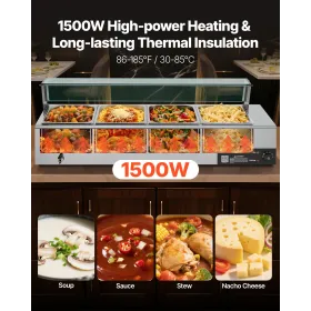 Commercial Food Warmer, 1500W Electric Stainless Steel Steam Food Warmer with Glass Cover, 4-Pan Countertop Buffet Bain Marie wi