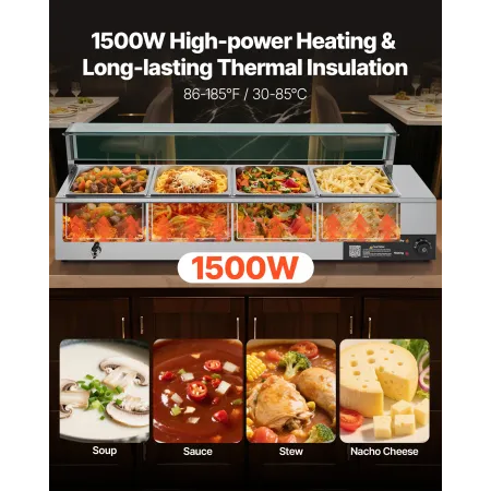 VEVOR Commercial Food Warmer, 1500W Electric Stainless Steel Steam Food Warmer with Glass Cover, 4-Pan Countertop Buffet Bain Ma