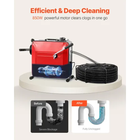 VEVOR Drain Cleaner Machine, 850W Electric Pipe Drain Cleaning Machine Sewer Snake with 14.5m x 16mm, 14m x 22mm, 5m x 9.5mm, 0.