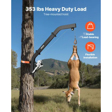 Tree Mounted Deer Hoist, 353 lbs Load Capacity, Hunting Game Hoist Winch Lift with Ratchet Strap, Heavy Duty Deer Hanger for Ski