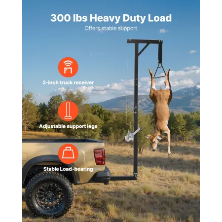 Truck Hitch Game Hoist, 300 lbs Load Capacity, Hunting Deer Hoist with 2-inch Receiver, 360-Degree Swivel Shaft & Adjustable Hei