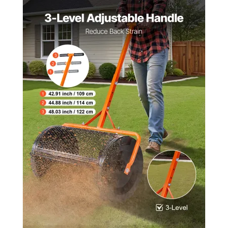 VEVOR Compost Spreader, 24 in Wide Peat Moss Spreader with T Shaped Handle, 3 Heights Adjustable, Powder-Coated Steel Garden Pea