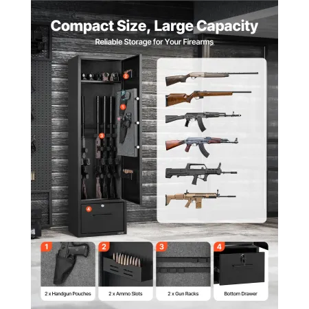 4 Gun Safe, Long Gun Cabinet for Rifles and Pistols, Quick Access Rifle Safe with 2 Ammo Slots, 2 Pistol Pockets & 2 Adjustable 