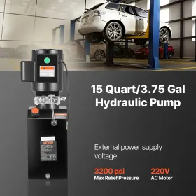 VEVOR Hydraulic Pump Power Unit, AC 220V, 15 Quart Single Acting Hydraulic Unit, 6.3 L/min Oil Flow, Max Discharge Pressure 22 M