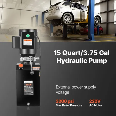 VEVOR Hydraulikpumpe Power Unit, AC 220V, 15 Quart Enkeltvirkende Hydraulic Unit, 6,3 L/min Olieflow, Max Afgangstryk 22 M