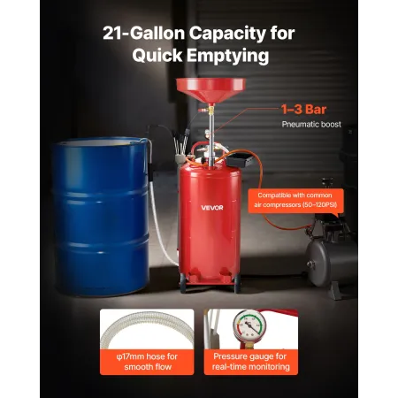 VEVOR 79.5L Waste Oil Drain Tank, Air Operated Portable Oil Drainer with Adjustable Funnel Height, Industrial Fluid Drain Tank w