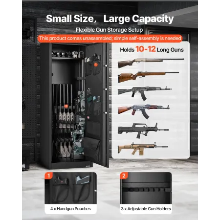 VEVOR 10-12 våbenskab, langt våbenskab til rifler og pistoler, hurtig adgang riffelskab med 4 pistollommer og 3 justerbare Ra