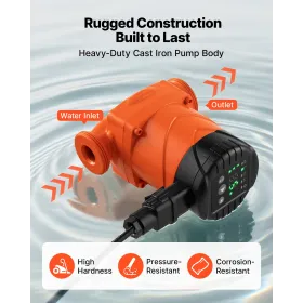 VEVOR LPS25-6BP/130 High Efficiency Circulator Pump, 58 LPM, 6 M Max Lift Cast Iron Hot Water Recirculating Circulation Pump, Th