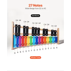 Glockenspiel Xylophone, 27 Notes, Professional Xylophone Percussion Instrument, with Colorful Metal Keys, Includes 4 Mallets, Ca