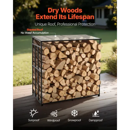 VEVOR Firewood Rack with Sloped Roof, 1.85m Outdoor Firewood Holder, 1/4 Cord Log Storage Shed, 299kg Max Weight Capacity, Powde