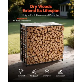 VEVOR brændestativ med skrånende tag, 143 cm udendørs brændeholder, 1/4 ledningsbrændeopbevaringsskur, 299 kg maks.