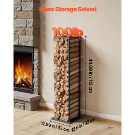 VEVOR Indendørs brændestativ, 33 × 32 × 112 cm Stableholder, Holder op til 45 kg, højt træopbevaringsstativ, pulverlakeret stål