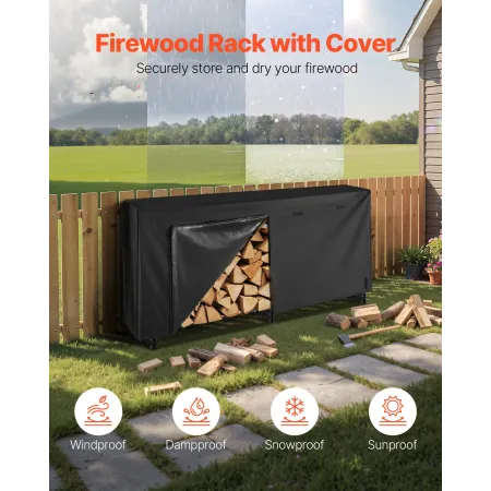 VEVOR Firewood Rack with Waterproof Cover, 2.57m Outdoor Firewood Holder, 1/2 Cord Storage Metal Log Holder, 299kg Max Weight Ca