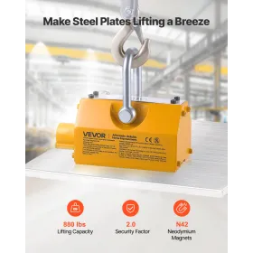 Permanent Magnetic Lifter, 400 kg Pulling Capacity, Heavy Duty N42 Neodymium Lifting Magnet with Release Handle and Steel Hook, 