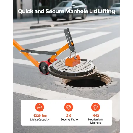 VEVOR Magnetlåg Løfter Dolly, 600 kg Trækkapacitet, Stål Dolly med Heavy Duty Magnet Lift og 2 hjul, justerbart håndtag