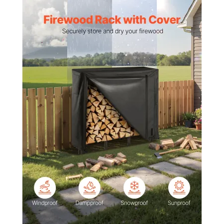 VEVOR Firewood Rack with Waterproof Cover, 1.22m Outdoor Firewood Holder, 1/4 Cord Storage Metal Log Holder, 400lb Max Weight Ca