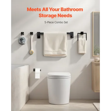 VEVOR matsort badeværelses hardwaresæt, 5 stykker rustfrit stål badeværelsestilbehørssæt, 24-tommer håndklædestang,