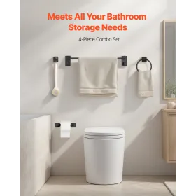 VEVOR Matte Black Bathroom Hardware Set, 4 Pieces Stainless Steel Bathroom Accessories Set, 24-inch Towel Bar, Towel Ring, Robe 