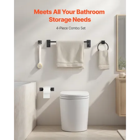 VEVOR Matte Black Bathroom Hardware Set, 4 Pieces Stainless Steel Bathroom Accessories Set, 24-inch Towel Bar, Towel Ring, Robe 
