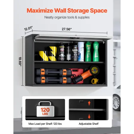 Metal Wall Cabinet, 77W x 30.5D x 50H cm, Floating Garage Tool Cabinet with Up-Flip Door and Shelf, 108.9 kg Load Capacity, Fit 