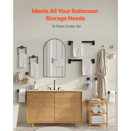 VEVOR Matte Black Bathroom Hardware Set, 10-Piece Bathroom Accessories Set, 2 Stainless Steel 24-in Towel Bars, 2 Towel Racks, 4
