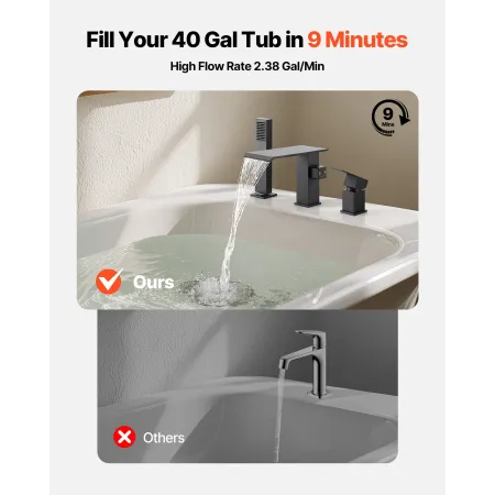 VEVOR Roman Tub Faucet, 3 Hole Waterfall Bathtub Faucet, Roman Bathtub Faucets Set with Shower Head & 1 Handle, Deck Mount Bath 