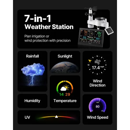 VEVOR 7-in-1 Wi-Fi Weather Station with APP, 190.5 mm VA Display, Wireless Solar Powered Outdoor Sensor, Rain Gauge, Indoor Outd
