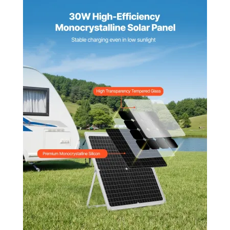 VEVOR 30W 12V Solar Panel Batterioplader, Solar Battery Trickle Charger Maintainer med Intelligent MPPT Controller & Justerbar