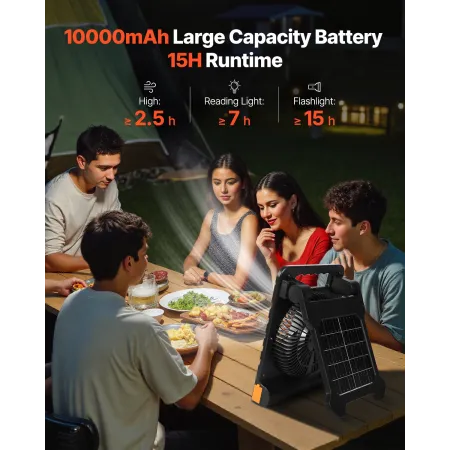 10000mAh Rechargeable Solar Fan with LED Lantern, 18 cm Portable Fan Cordless with 4W Foldable Solar Panel, 4-Speed & Timer & Qu