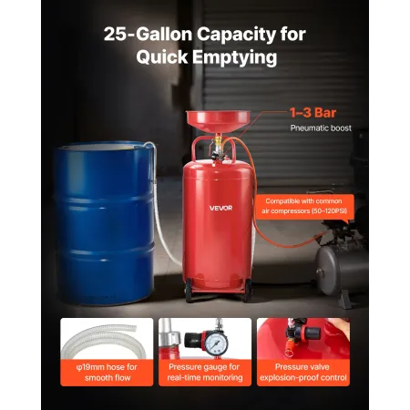 VEVOR 95L Waste Oil Drain Tank, Air Operated Portable Oil Drainer with Adjustable Funnel Height, Industrial Fluid Drain Tank wit