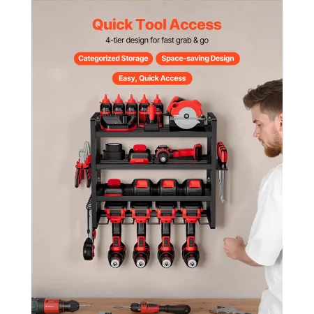Power Tool Organizer Wall Mount, 4-Layer Storage Rack with 4 Drill Holders, Tools Holder and Storage Rack with Screwdriver Holde