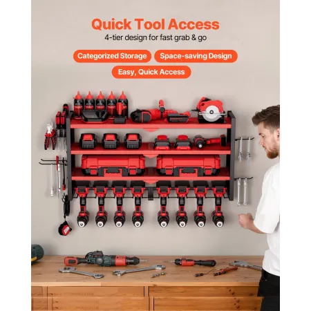 VEVOR Power Tool Organizer Vægmontering, 4-lags opbevaringsstativ med 8 boreholdere, værktøjsholder og opbevaringsstativ med