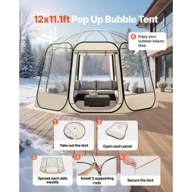 Pop up Bubble Tent, 3.36 x 3.45 m Waterproof & UV-Resistant, Clear Camping Tent Shelter, Outdoor Garden Dome Igloo Tents with Wi