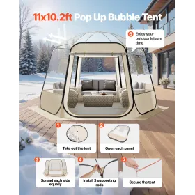 VEVOR Pop up bobletelt, 3,36 x 3,05 m Vandtæt & UV-resistent, klart campingtelt skjul, udendørs havekuppel-iglo-telte m