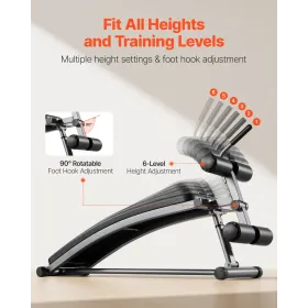 Sit Up Bench, Curved Decline Ab Bench with Reverse Crunch Handle, with 6 Adjustable Height Setting, Heavy Duty Steel, 272 Kg Cap