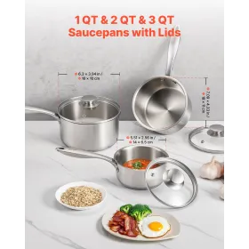 VEVOR Stainless Steel Saucepan Set, 1 QT & 2 QT & 3 QT Saucepans with Glass Lids, Multipurpose Nonstick Stainless Steel Sauce Po