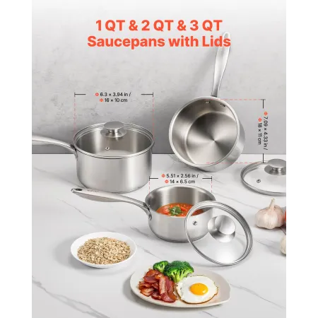 Stainless Steel Saucepan Set, 1 QT & 2 QT & 3 QT Saucepans with Glass Lids, Multipurpose Nonstick Stainless Steel Sauce Pot with