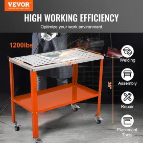 Welding Table 36" x 18", 1200lbs Load Capacity Steel Welding Workbench Table on Wheels, 2 Layers Portable Work Bench with