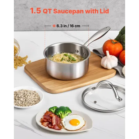 1.5 QT Saucepan, Stainless Steel Saucepan with Glass Lid, Multipurpose Nonstick Stainless Steel Small Cooking Sauce Pot with Erg