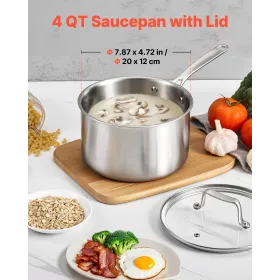 VEVOR 4 QT Saucepan, Stainless Steel Saucepan with Glass Lid, Multipurpose Nonstick Stainless Steel Small Cooking Sauce Pot with