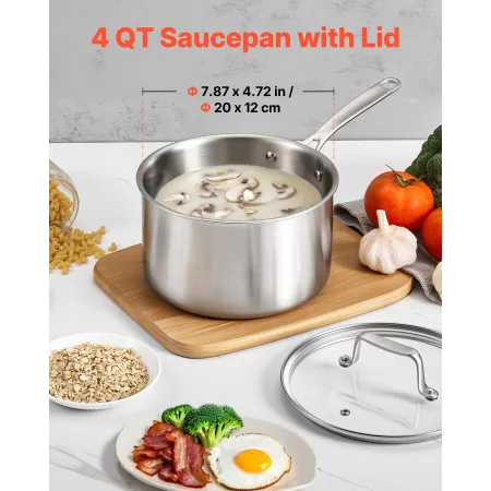 VEVOR 4 QT Saucepan, Stainless Steel Saucepan with Glass Lid, Multipurpose Nonstick Stainless Steel Small Cooking Sauce Pot with