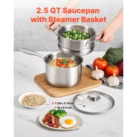 VEVOR 2.5 QT Saucepan with Steamer, Stainless Steel Saucepan with Glass Lid, Multipurpose Nonstick Stainless Steel Sauce Pot wit