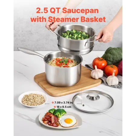 VEVOR 2.5 QT Saucepan with Steamer, Stainless Steel Saucepan with Glass Lid, Multipurpose Nonstick Stainless Steel Sauce Pot wit