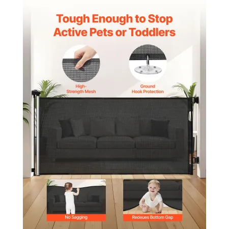 VEVOR Retractable Baby Gate, Extends to 1430 mm Wide, 795 mm Tall, with Security Lock, Easy to Use, Walk Through Without Trippin