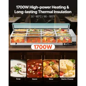 Commercial Food Warmer, 1700W Electric Stainless Steel Steam Food Warmer with Glass Cover, 12-Pan Countertop Buffet Bain Marie w