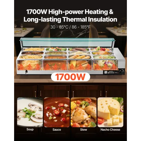 VEVOR Commercial Food Warmer, 1700W Electric Stainless Steel Steam Food Warmer with Glass Cover, 12-Pan Countertop Buffet Bain M